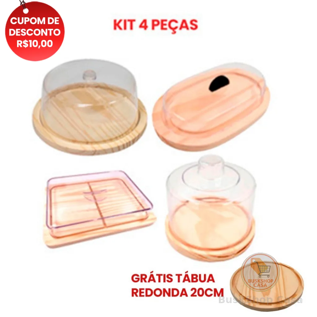 OFERTA 7.7 KIT Café  Manhã,  Boleira, Queijeira, Manteigueira, P. Frios (26X20cm) Madeira NATURAL GRATIS T. REDONDA