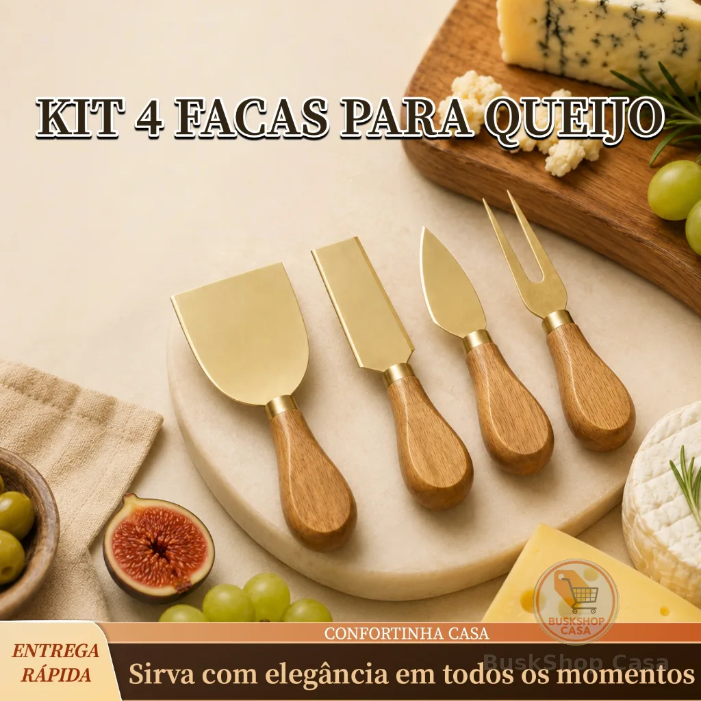 Kit 4 Facas Para Queijo Douradas Cabo Madeira Tábua Frios Aperitivos