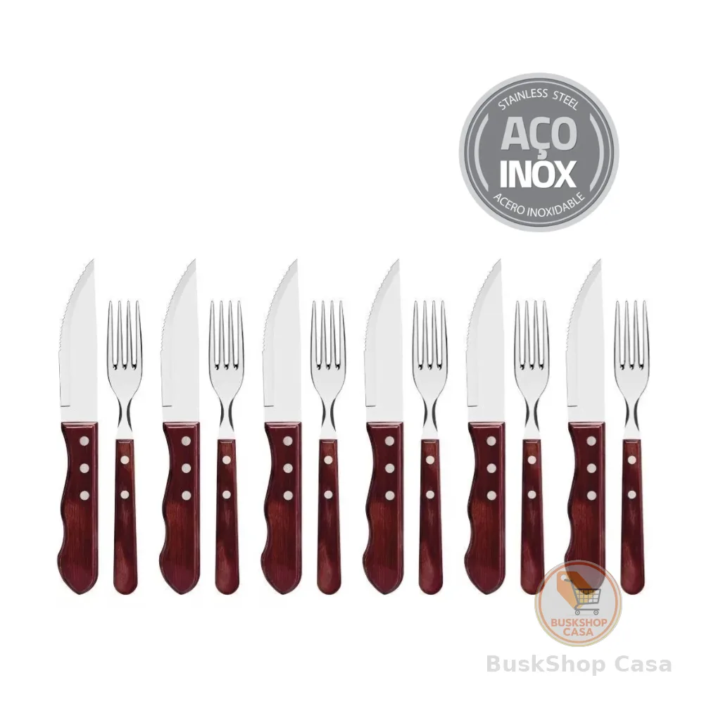 Jogo de Talheres Para Churrasco 12 Peças Jumbo Garfo Faca Aço Inox E Madeira