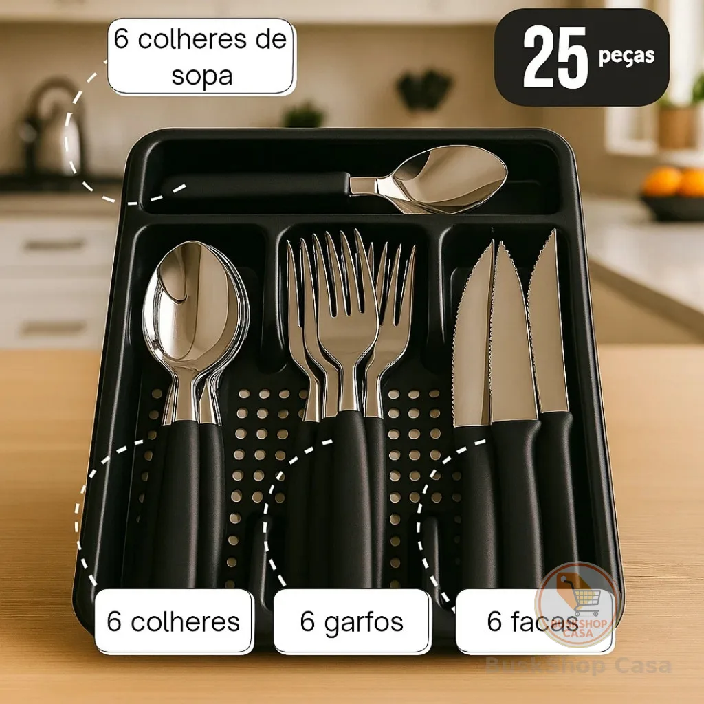 Jogo de 24 Talheres Inox Com Brinde Suporte Gaveteiro ou Pote Talher Colher Garfo Premium