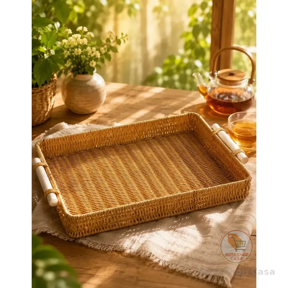 Bandeja Cesto Rattan Sintético Grande 40x30cm Com Alça Marrom