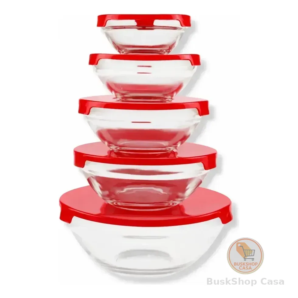Kit 5 Potes De Vidro Com Tampa Marmita Pote Mantimentos Vermelho