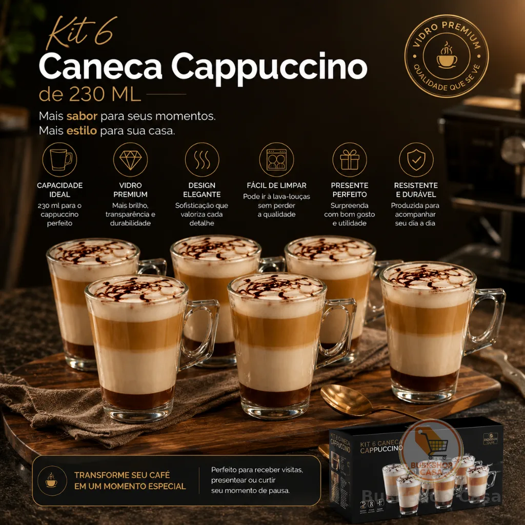Jogo de 6 Xícara Caneca de Vidro 185 ml com Alça – Ideal para Café, Cappuccino e Latte ☕✨