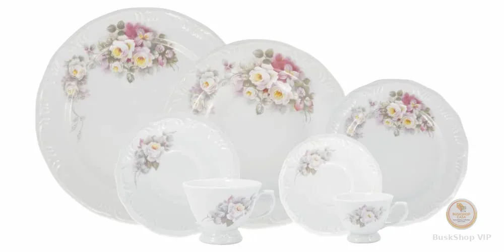 Serviço de Jantar Chá Café 42 peças em Porcelana. Modelo Redondo com Relevo Pomerode. Decoração Eterna. Fabricado pela Schmidt.