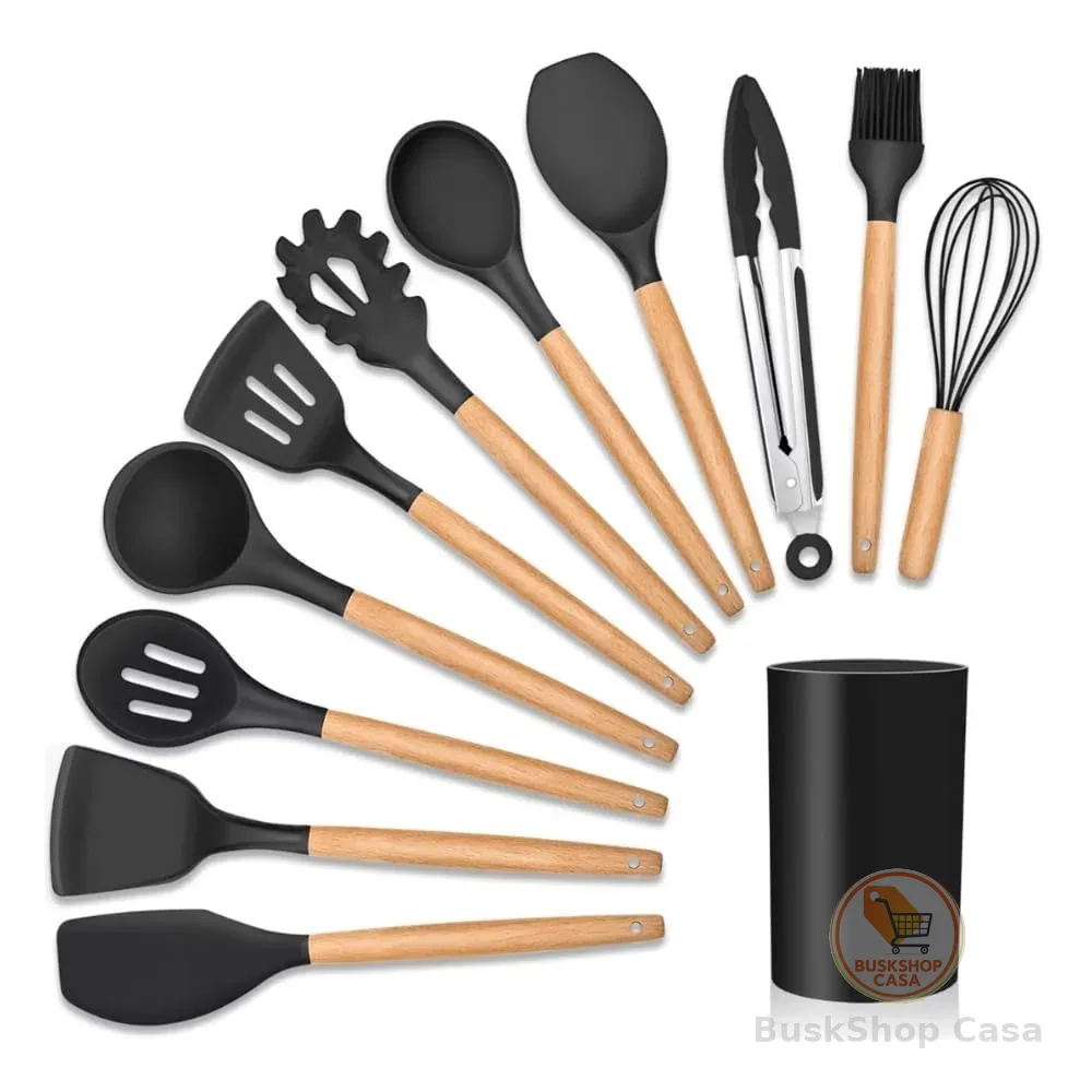 Kit 12 Utensílios De Cozinha Em Silicone E Cabo De Madeira Jogo De Utensílios Resistente ao Calor Antiaderente Premium GAXMARK