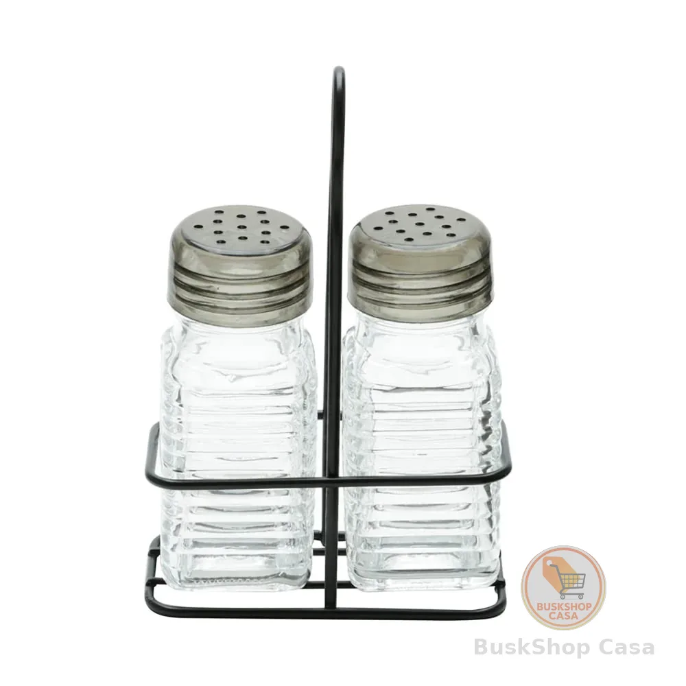LYOR - Conjunto Saleiro e Pimenteiro de Vidro com Suporte de Metal Preto 70ml