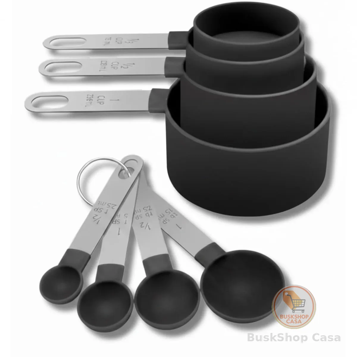 Kit de Medidores para Cozinha, 8 Peças, Colheres e Copos Dosadores, Aço Inox e Plástico (PRETA)