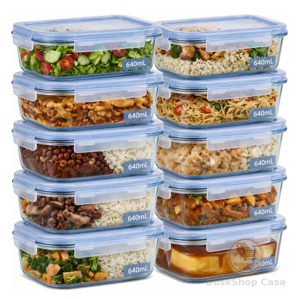 Kit 10 Potes de Vidro Herméticos 640ml com 4 Travas Ideal para Marmitas e Conservação de Alimentos, Vedação Total, Refratário para Forno e Freezer
