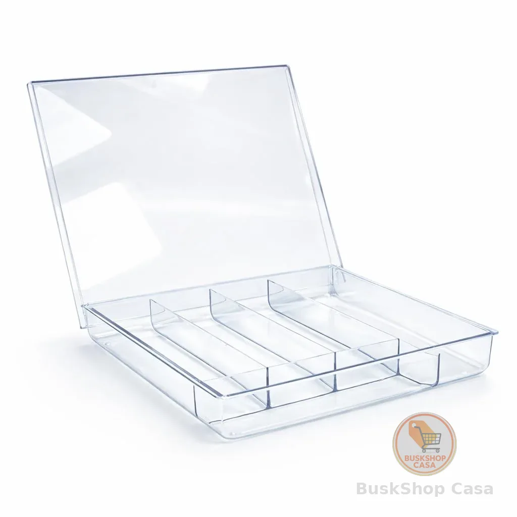 Porta Talheres Premium com Tampa Organizador de Talheres Divisórias Múltiplas Para Garfos Facas e Colheres Organizador de Talheres Cozinha e Áreas Externas (Transparente)