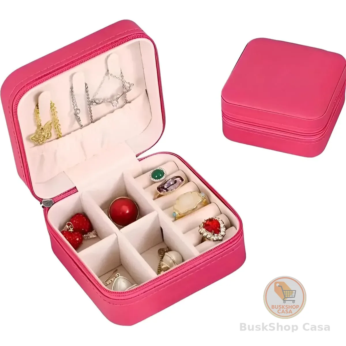 Porta Joias Pequeno Couro Mini Estojo Organizador de Joias Bijuterias Colar Pulseira Relógio Ideal para Viagens e Organização de Armário Portátil (Rosa Escuro)