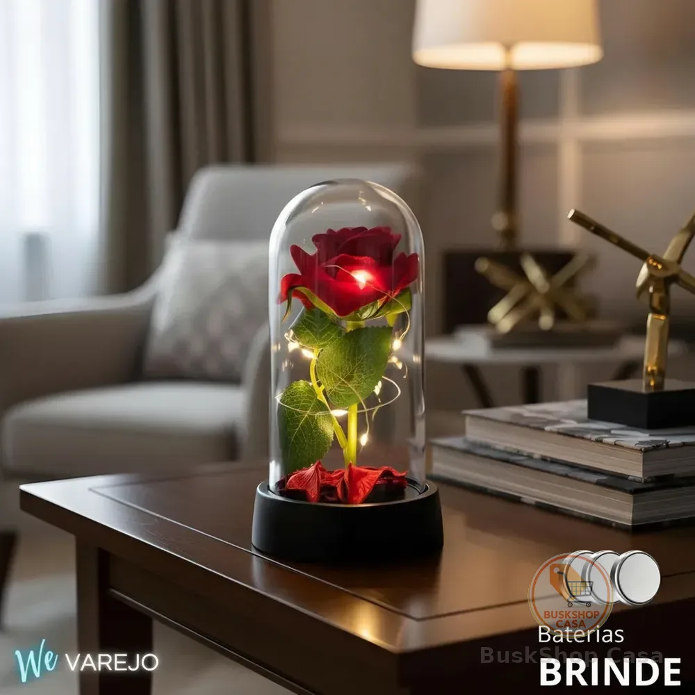 We Varejo - Mini Luminária Rosa Encantada Led Enfeite Cúpula Redoma A Bela E A Fera 8,5 X 16 Cm Modelo Mini Base Abs Preto Baterias Mini Preto Transparente