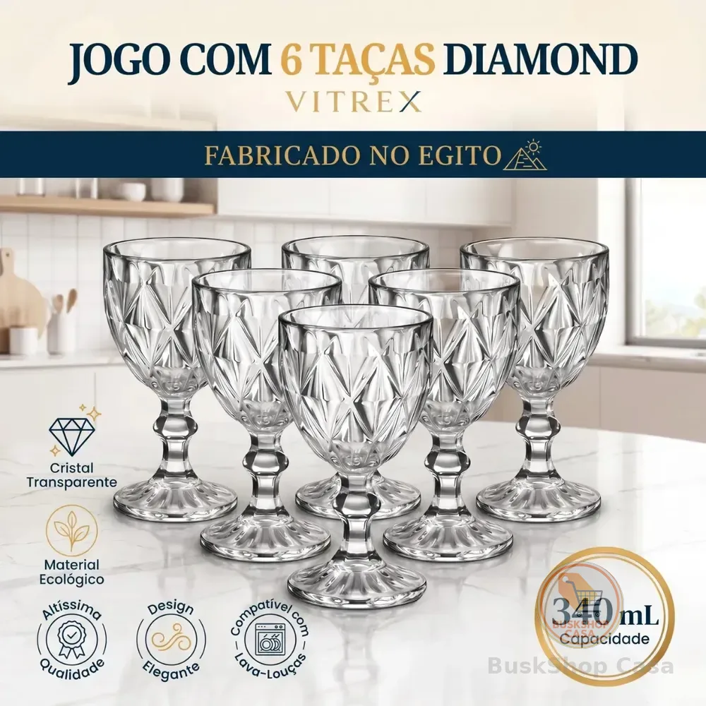Jogo 6 Taças De Cristal 340ml Diamond Transparente Lapidado Vitrex