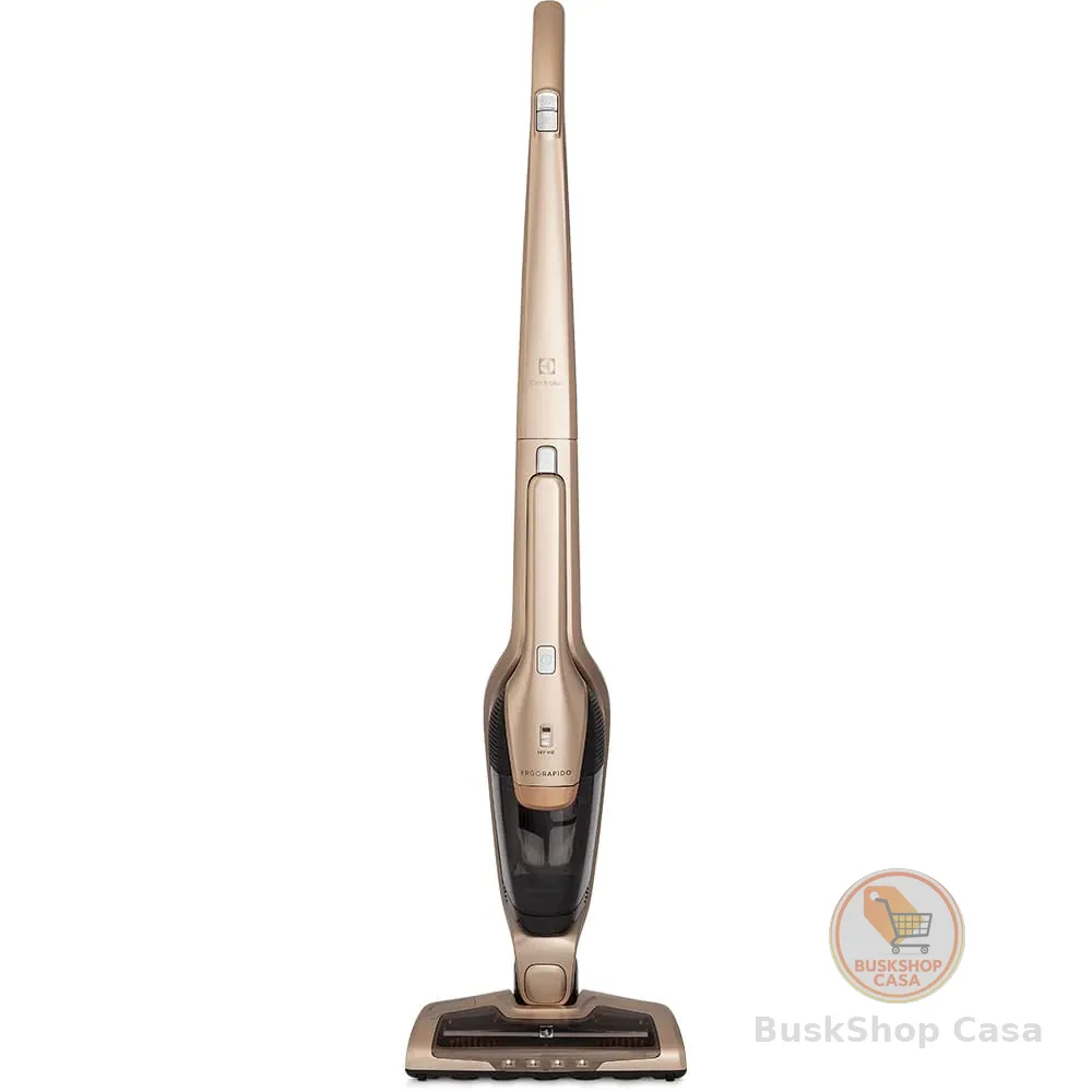 Aspirador de Pó vertical bateria ergorapido 2 em 1 Electrolux 45 min Luz LED pedal limpeza facil escova rotativa bocal extra pelos animais luz frontal LED capacidade 460Ml ERG26 Bivolt Dourado
