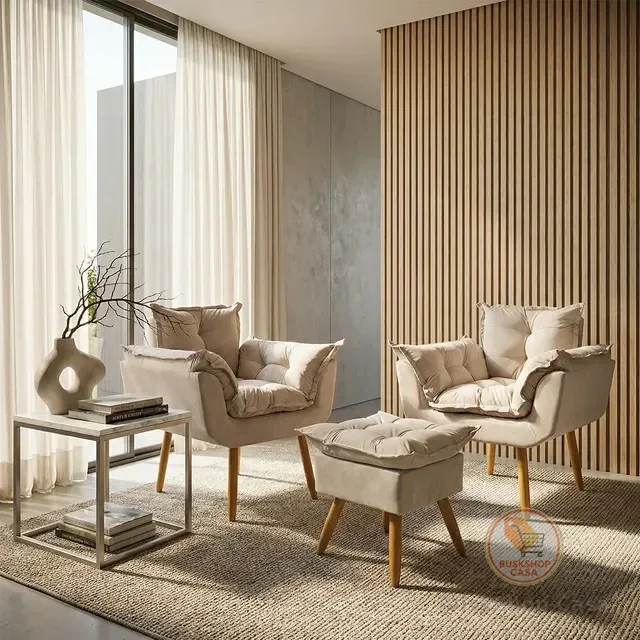 Kit 2 Poltrona Para Sala + Puff Decorativo Reforçado