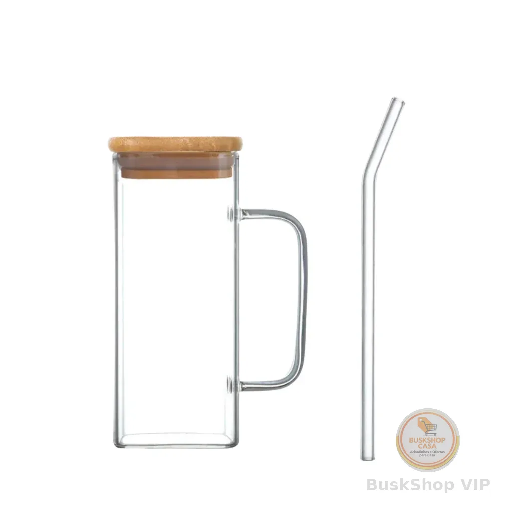 CANECA DE VIDRO 400ML C/TAMPA DE BAMBU E CANUDO REUTILIZÁVEL WOLFF