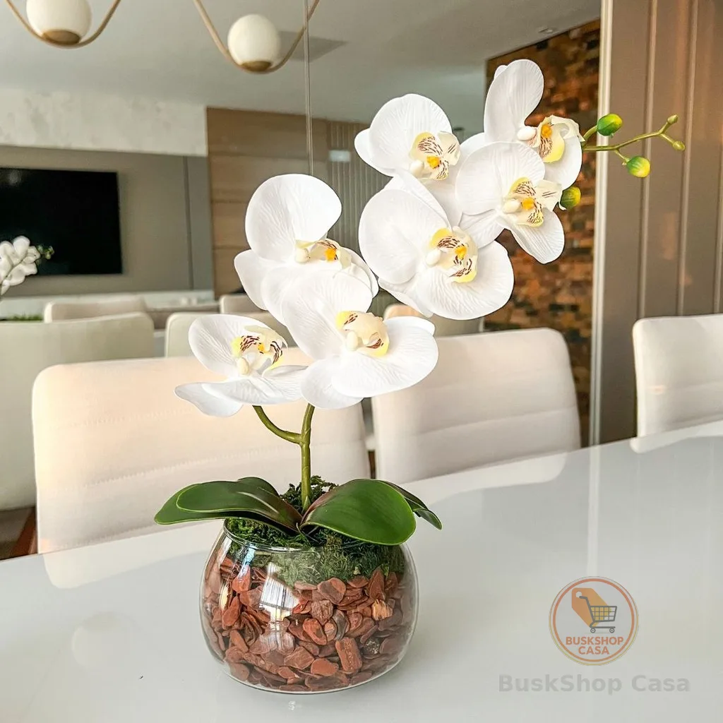 ARRANJO ORQUÍDEA ARTIFICIAL BRANCA VASO DE VIDRO INCOLOR