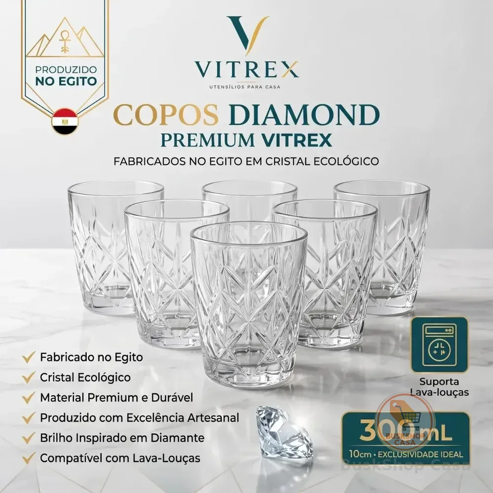 Jogo 6 Copos Diamond Egipcio 300ml Vidro Grosso Diamante Luxo Transparente Vitrex