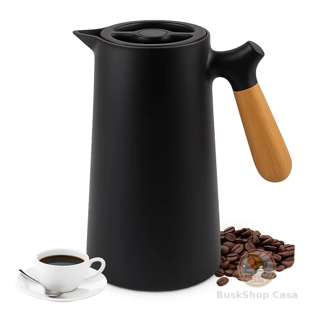 Garrafa Térmica Café 1 Litro Preta YAB Cabo de Madeira C/Botão Nórdica