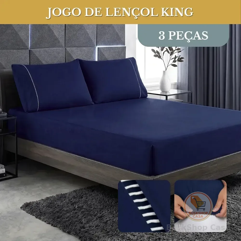 Jogo De Lençol Cama King 03 Peças 400 Fios Ponto Palito Cor Azul-marinho Desenho Do Tecido Lisa Liso