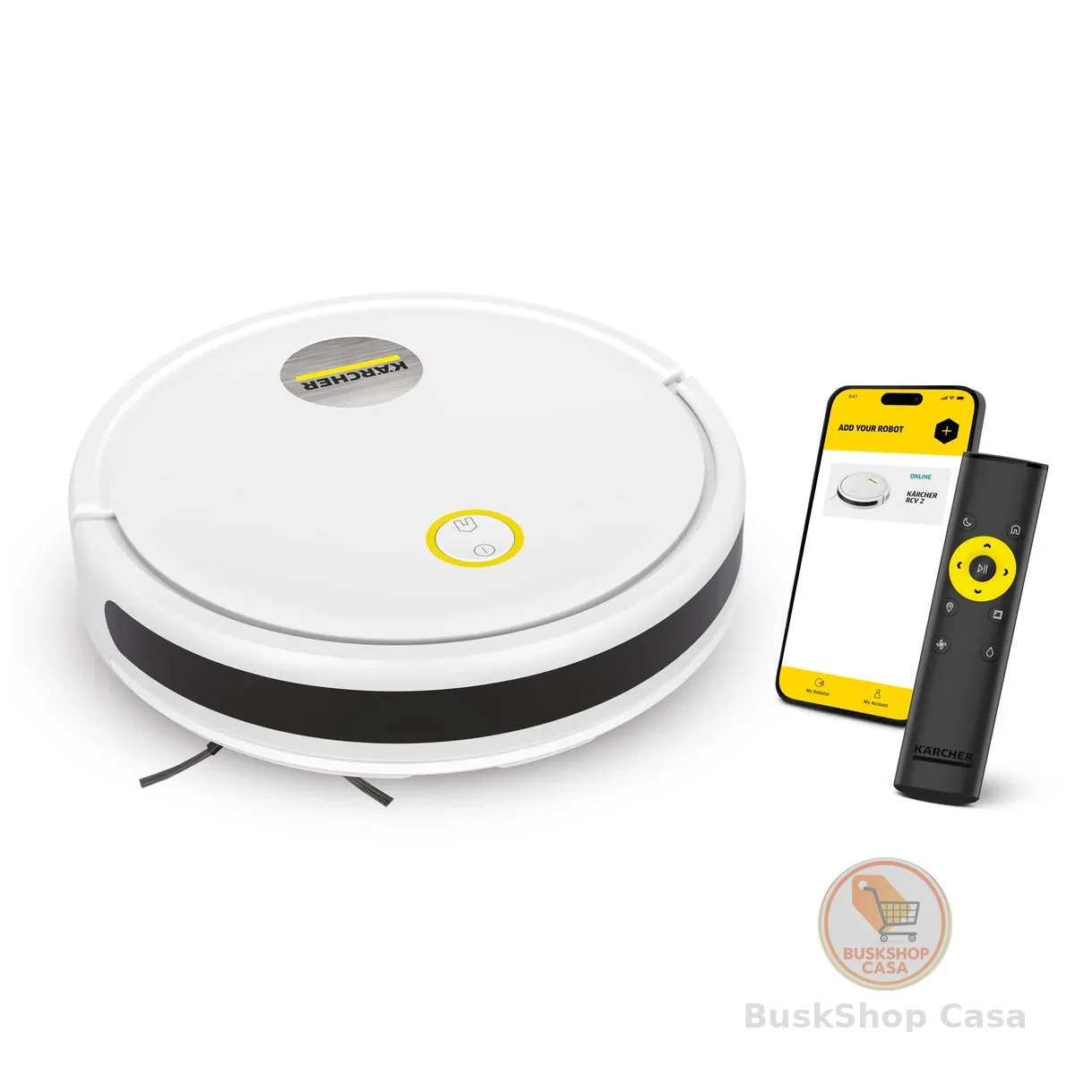 Kärcher Robô Aspirador de Pó RCV 2 com Navegação e Controle Remoto Aspira + Passa Pano Múltiplos modos de limpeza Controle via Aplicativo Autonomia de 130 min Agendamento de Limpeza e Sensor