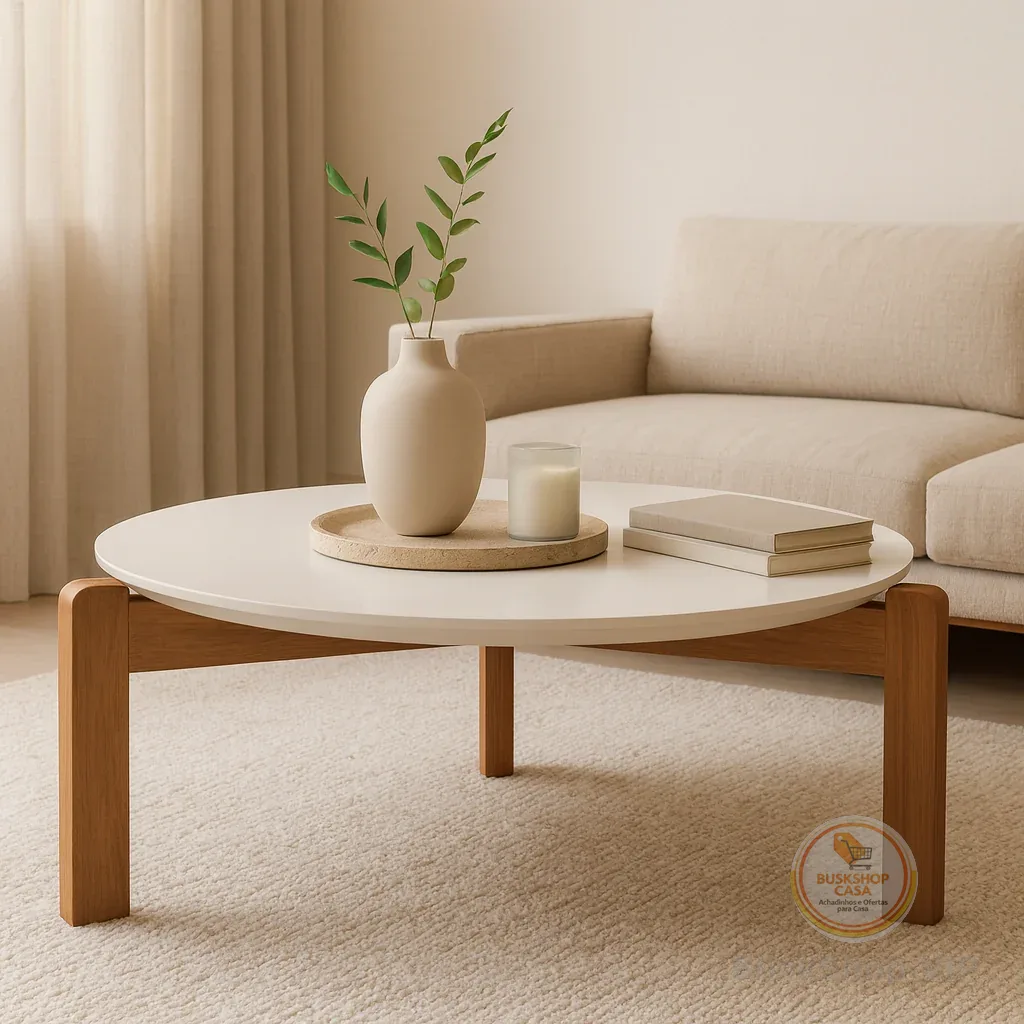 Mesa de Centro Premium Redonda Design Moderno – Tampo MDF e Pés em Madeira - Austria