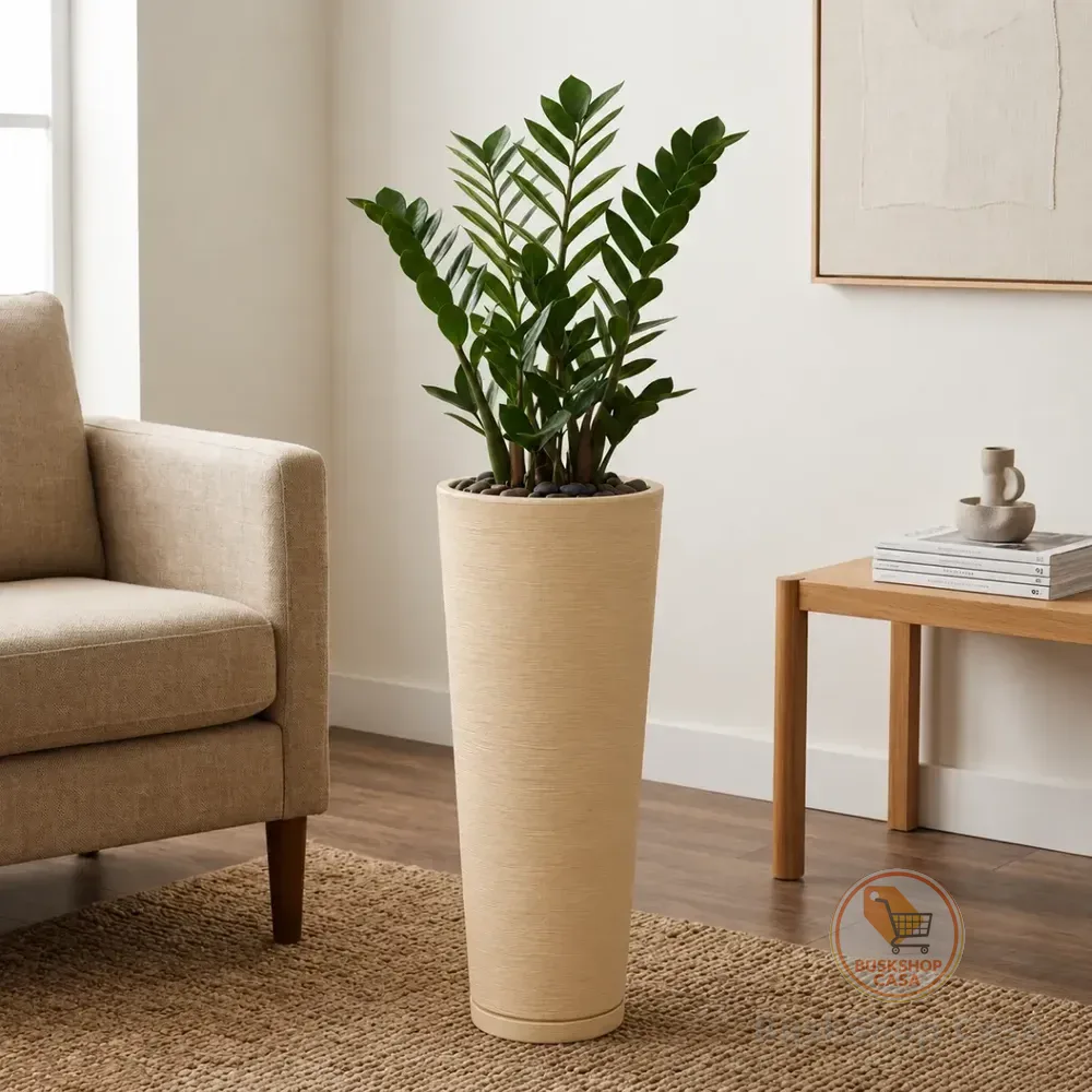 Vaso Para Plantas Polietileno Coluna Ibiza Alta Com Prato Bege Escovado