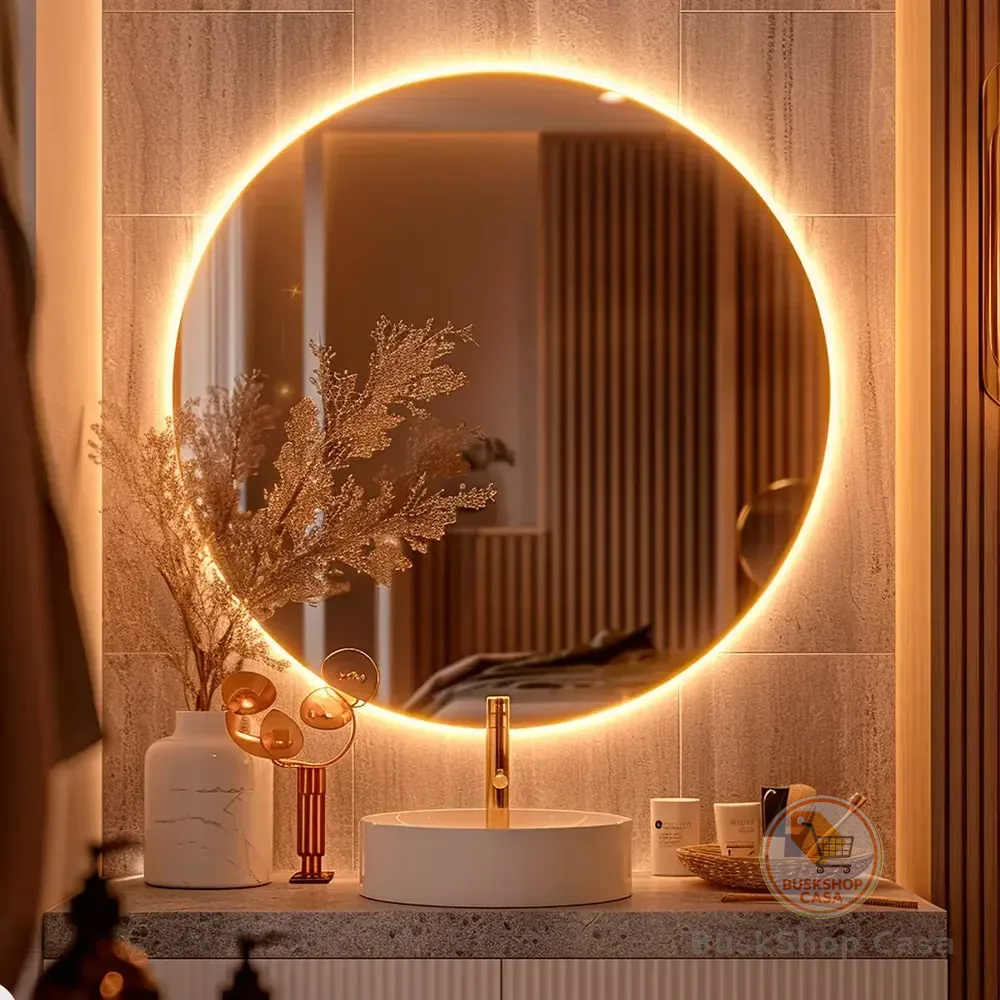 Espelho Redondo 50cm C/ Led Para Parede Quarto Banheiro Sala Moldura Redondo 50cm Led Quente