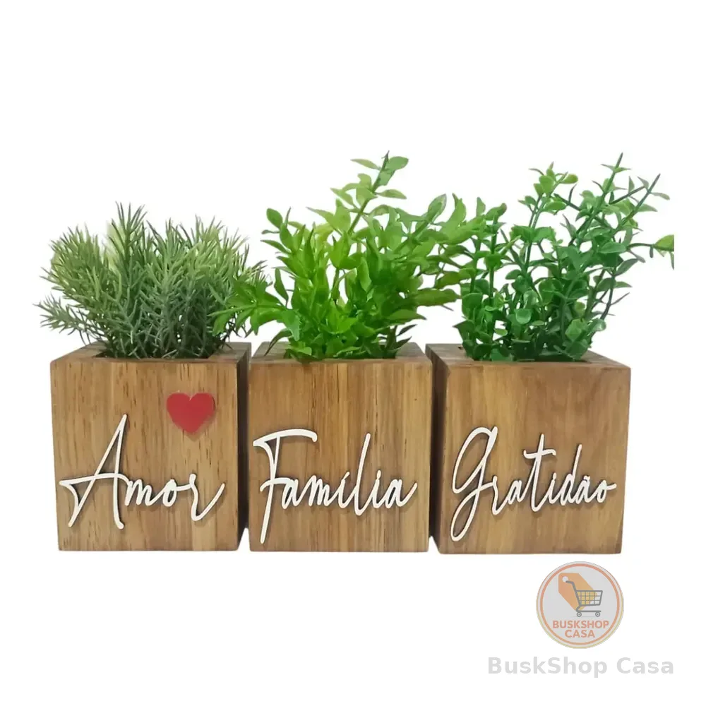 Vaso Decorativo Planta Artificial Cachepot Frase Enfeite Madeira Natural / Verde