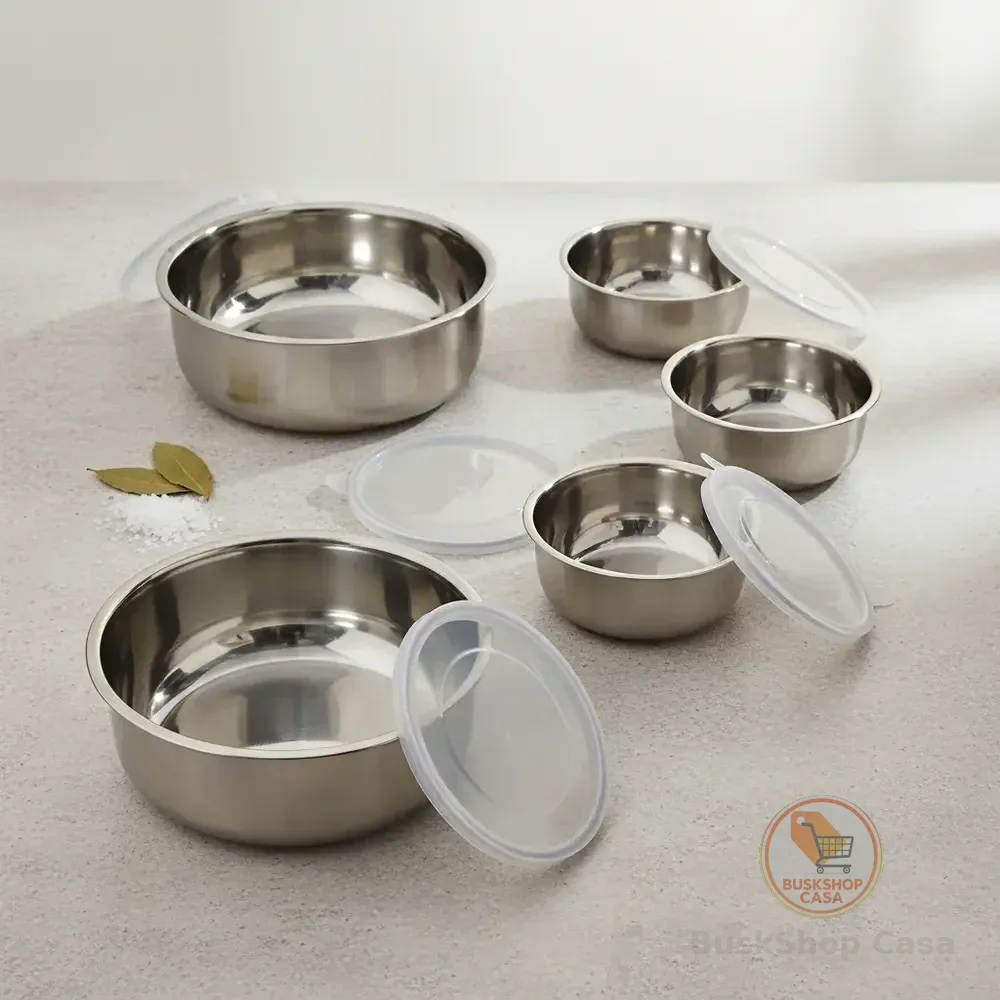 Tigelas De Inox Com Tampa Kit 5 Potes Geladeira Vazilhas Prateado