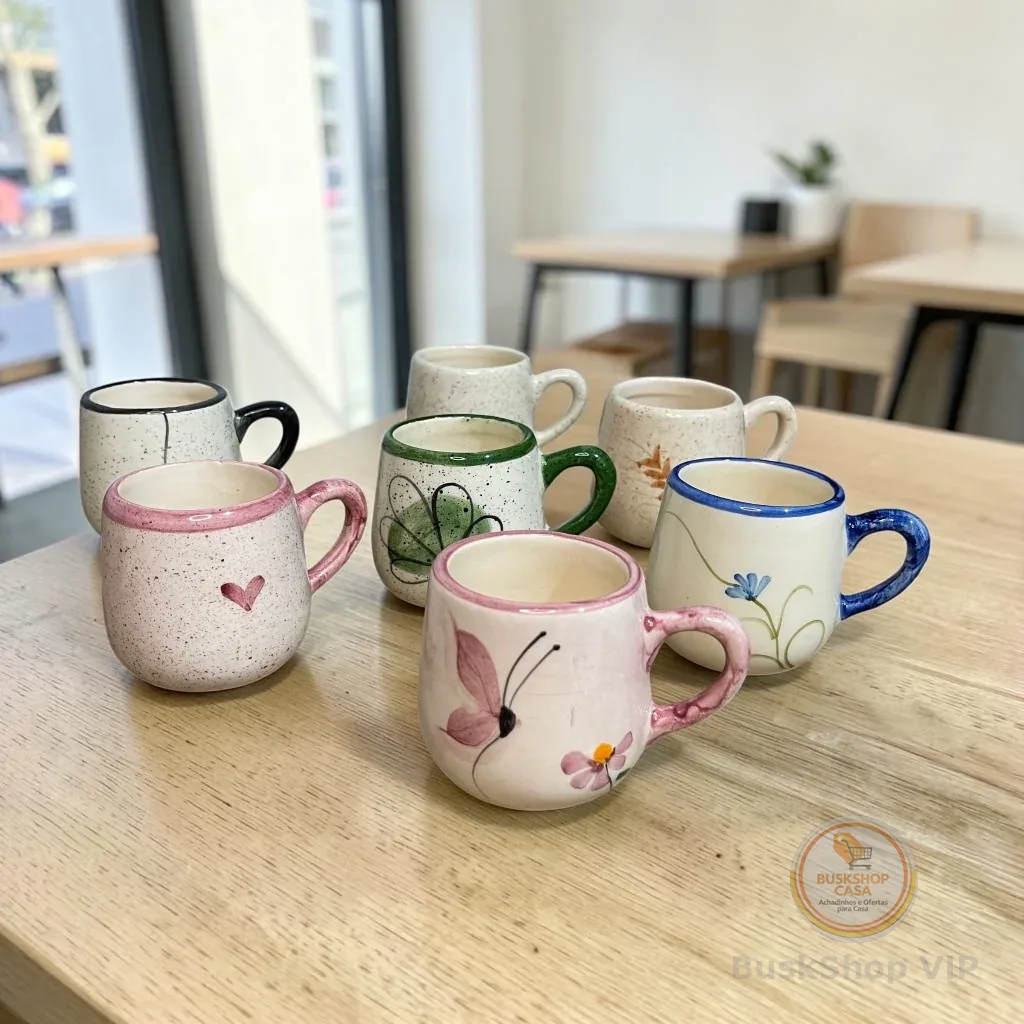 Caneca Xícara Café Bojuda 100ml Cerâmica Decorada Pintada a Mão