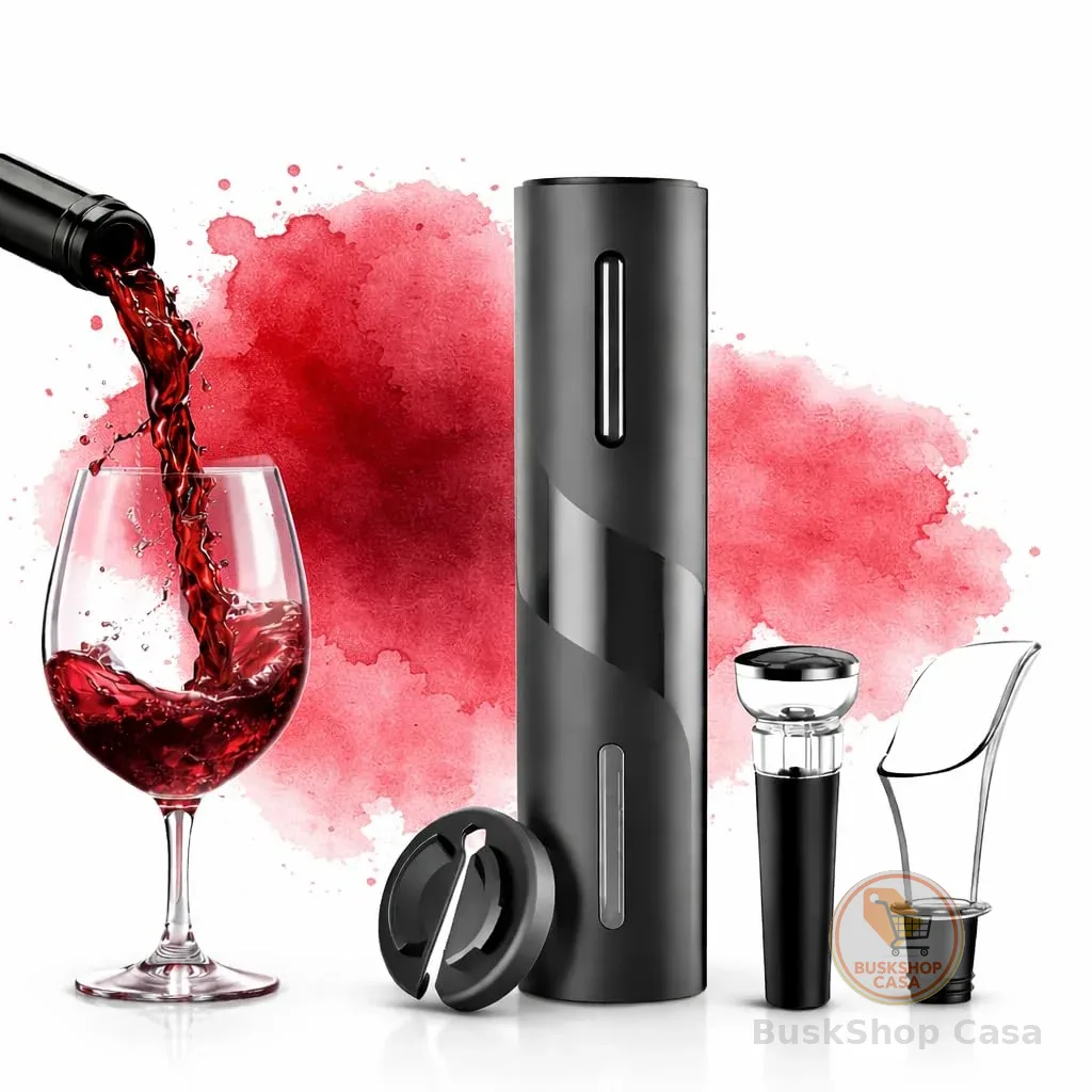 Kit Abridor de Vinho Elétrico Automático Saca Rolhas Elétrico 4 Peças Abridor Garrafa Vinho com Cortador de Lacre Bico Dosador Rolha a Vácuo Bar Adega Profissional Premium