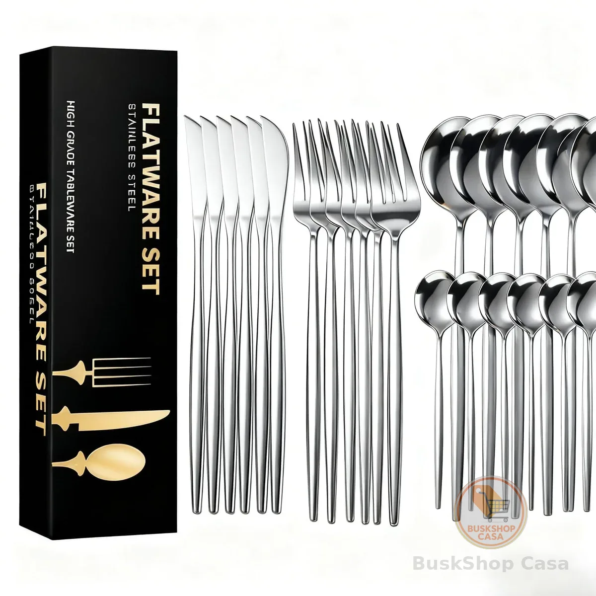 Faqueiro 24 Peças em Aço Inox 416 - Jogo de Talheres Premium com Caixa Litografada, Polido e Espelhado de faca e garfo Conjunto para Mesa Posta e Utensílios de Casa/Restaurante (Prata)
