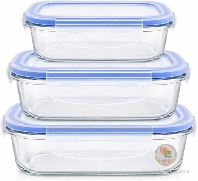 Kit 3 Potes Vidro Borossilicato Retangular Tampa Hermética 4 Travas c/Vedação - 370ml 640ml 1040ml - Compatível Freezer e Micro-ondas - Organizador Geladeira Cozinha Premium