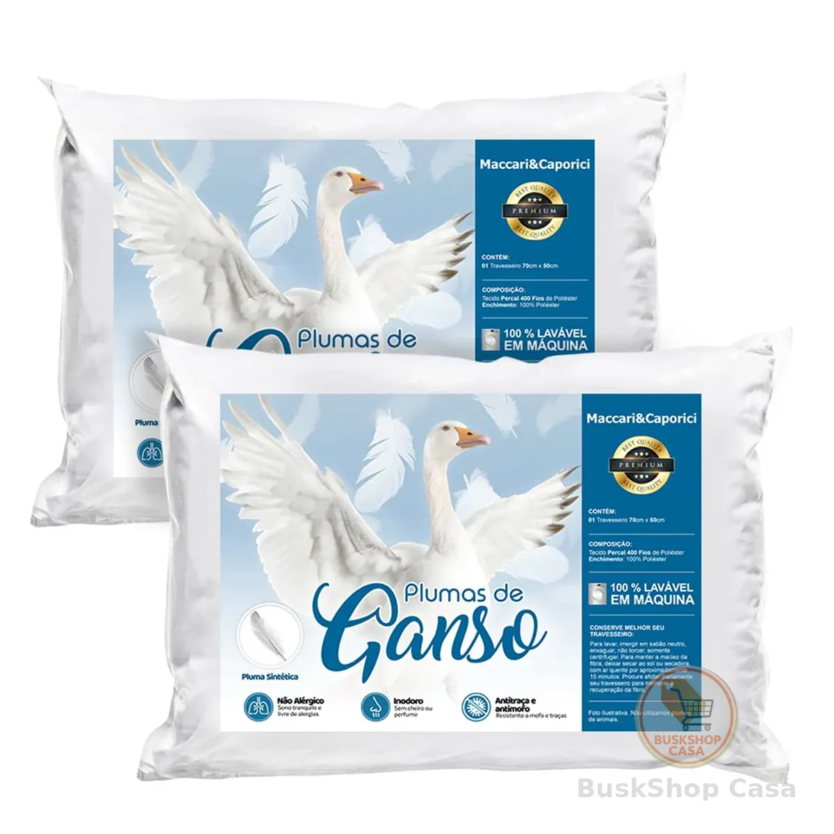 Kit 02 Travesseiro Toque de Pluma Premium Percal 400 Fios 50x70cm Lavável, Antiácaro, Antialérgico