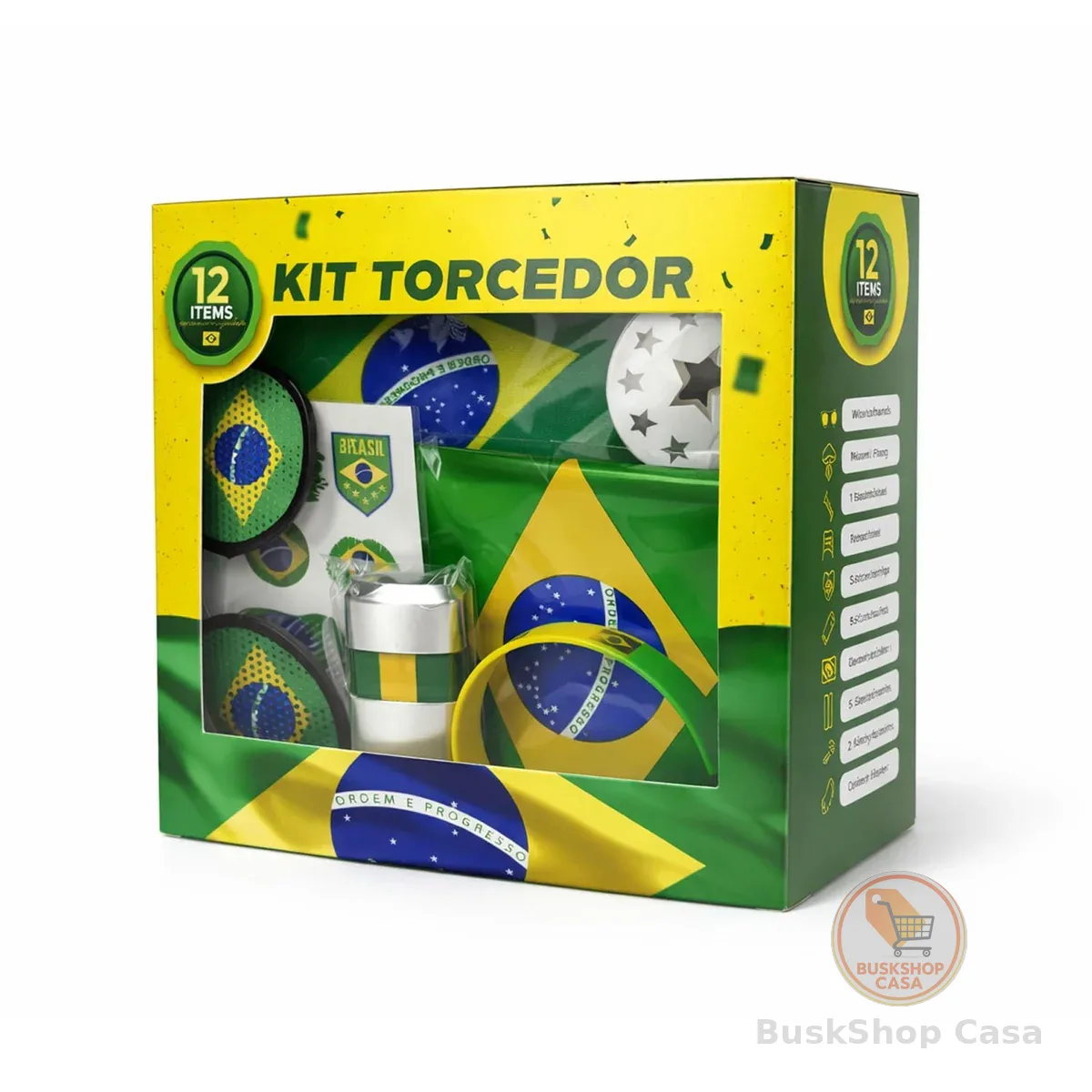 Kit Torcedor Brasil Copa do Mundo 2026 – 12 Peças Completo com Calendário de Jogos, Pintura Facial Hipoalergênica, Bandeira, Óculos, 2 Bastões Infláveis, Corneta e Caixa Presente – Em Busca do Hexa!