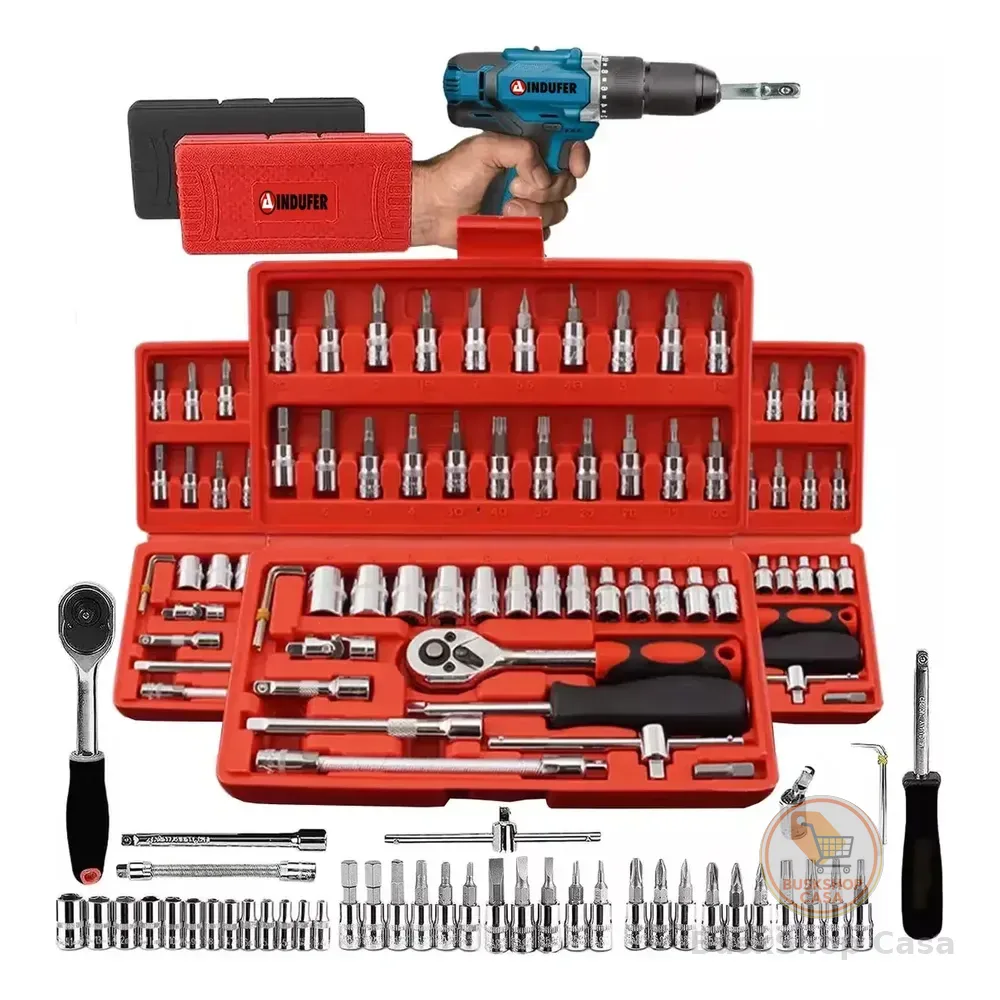 Kit Chave Catraca Soquete 46 Peças Indufer Em Cromo Vanádio, Para Manutenção De Carros E Motos