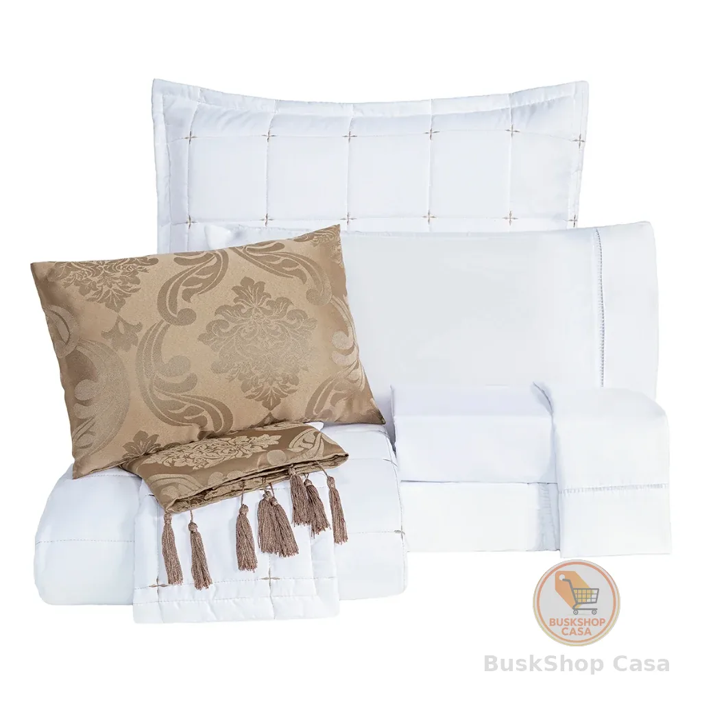 🧡 Kit Enxoval Lisboa ​Bordado Dupla Face Casal Padrão 9 Peças