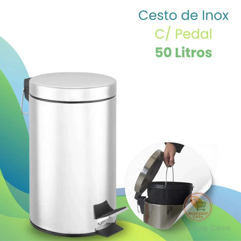 🧡 Lixeira Inox 50 Litros Com Pedal Cesto Balde Interno Removível ​Aço Inox