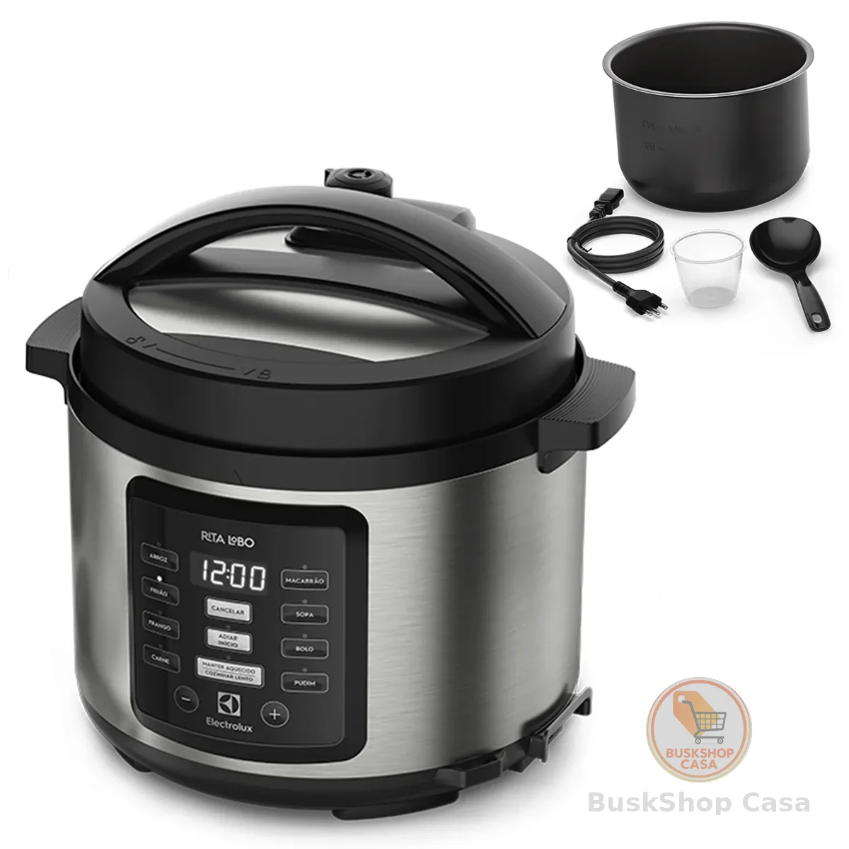 Panela pressão elétrica Electrolux digital capacidade 5L silenciosa segura 10 travas segurança 9 receitas pré-programadas PCC15 inox preto 127v por Rita Lobo