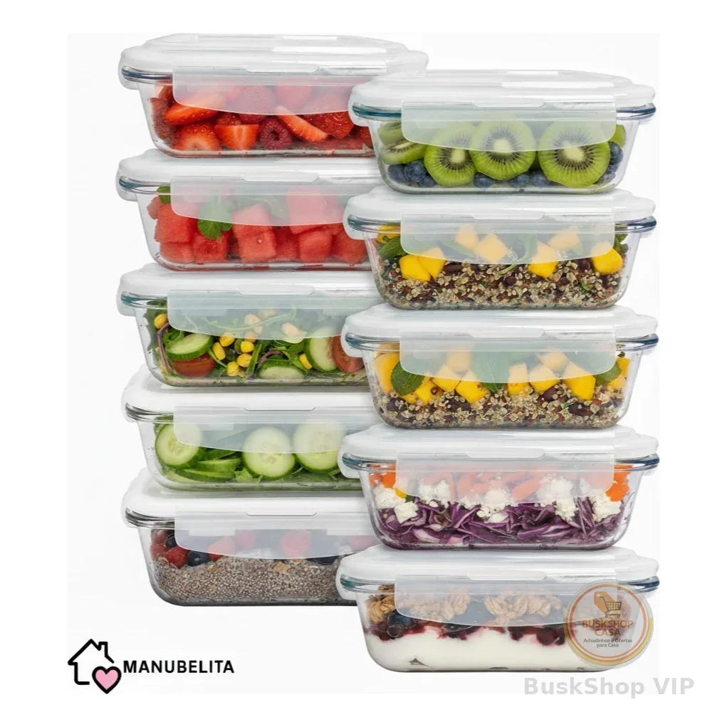 Conjunto de 10 Potes de Vidros 640ml Hermeticos para Marmitas Fitness com 4 Travas Forno microondas Airfryer Manubelita