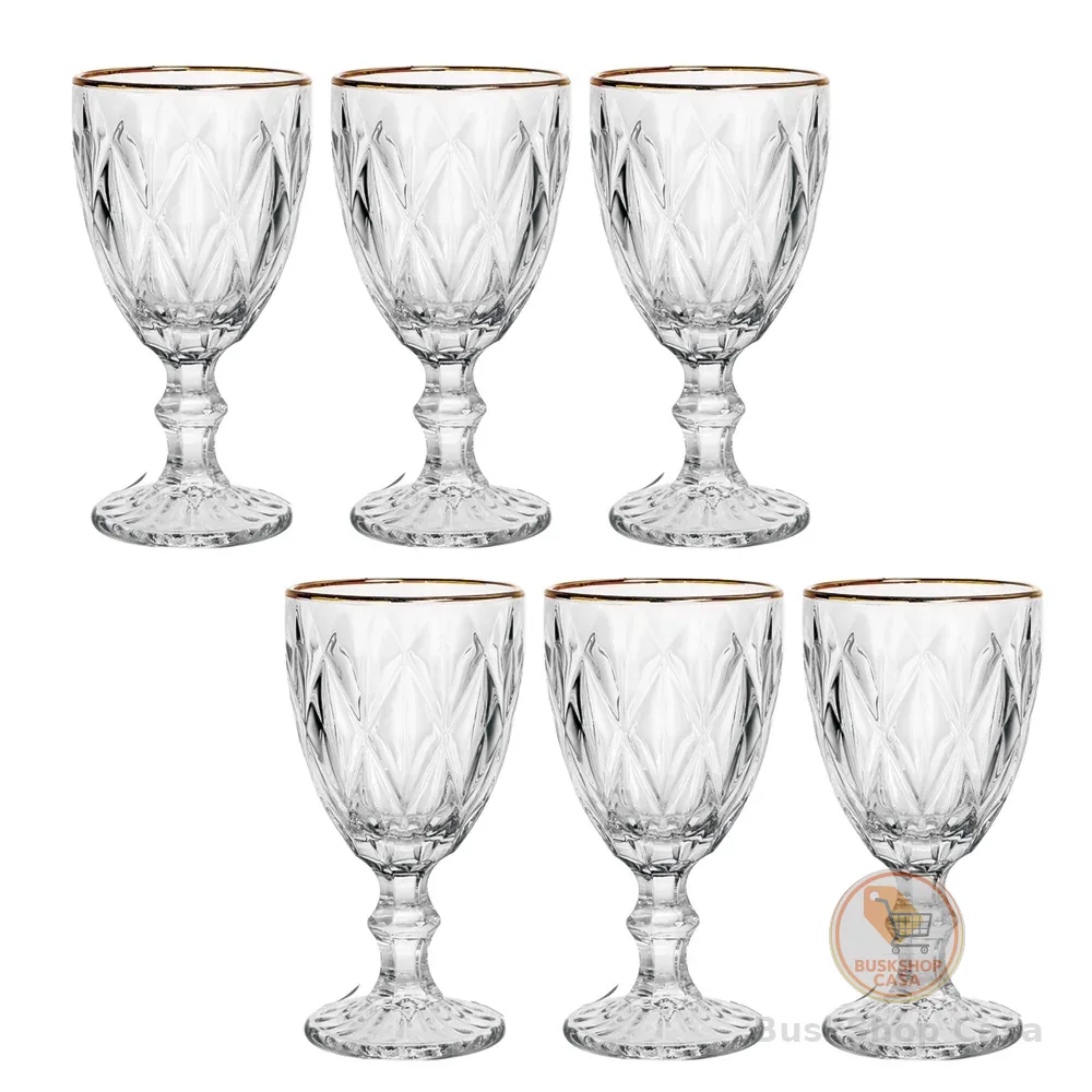 🧡 Conjunto de Taças Diamante Clear C/ Borda Dourada 6pçs 330ml