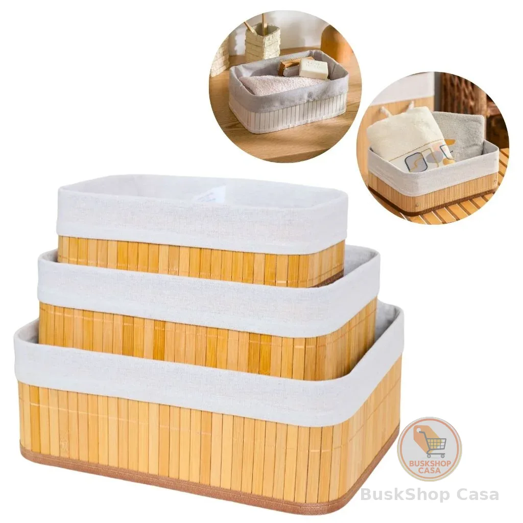 🧡 Kit 3 Cestos Organizadores de Bambu Multiuso com Forro