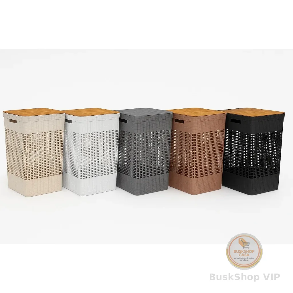 Cesto de Roupas Grid 49L com Tampa Bambu ou Plástico – Organizador Lavandeira OU