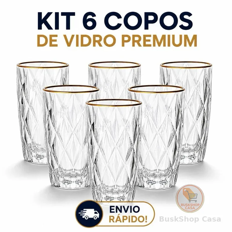 🧡 Kit 6 Copos Diamond com Borda Dourada 370ml