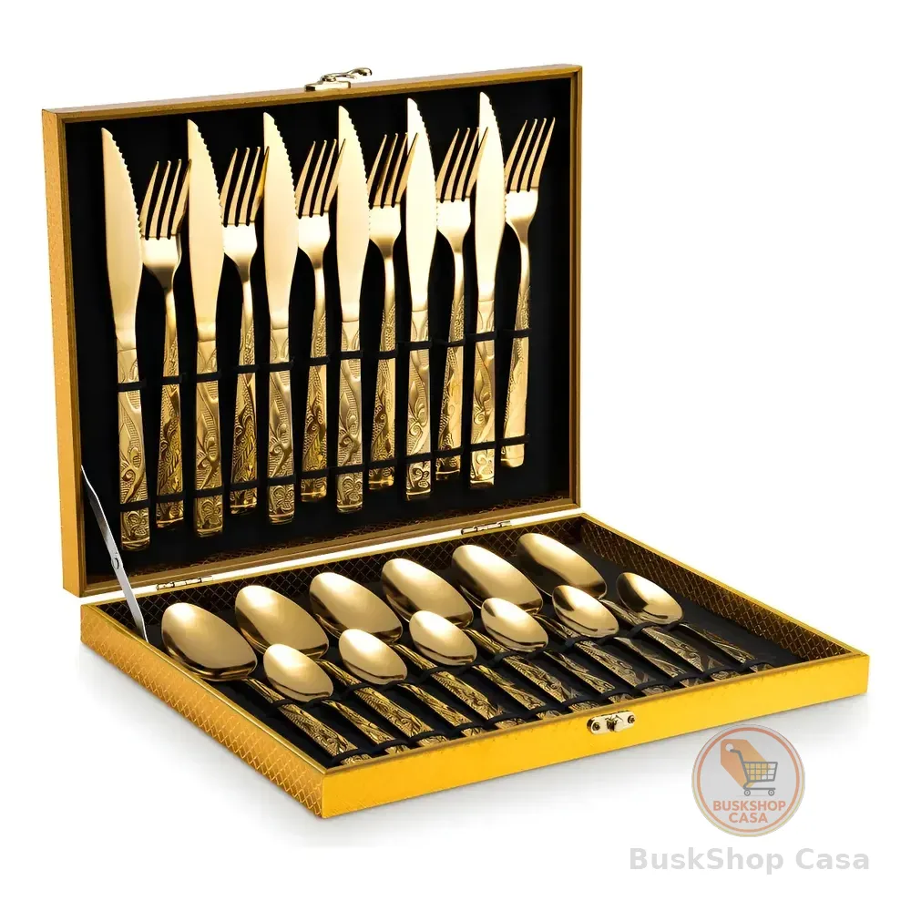 Eps-158 Kit Faqueiro Dourado Luxo Jogo Talheres Inox 24pçs + Maleta