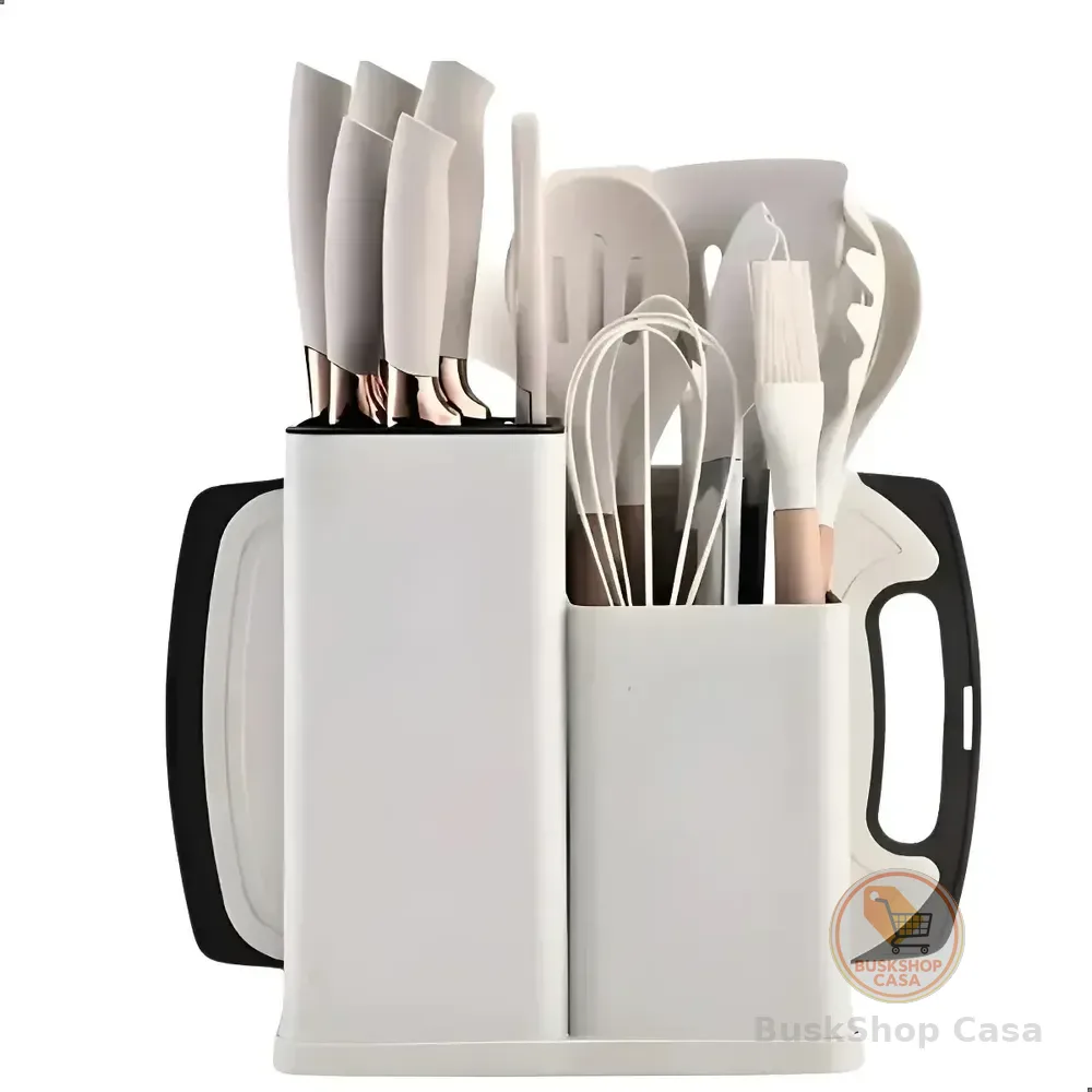Kit19 Utensílios Silicone C/ Cabo De Madeira E Facas Em Inox Branco