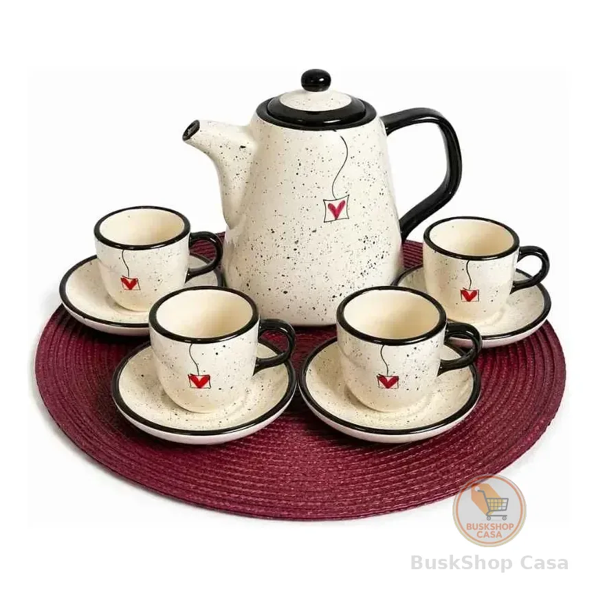 Kit Cerâmica 1 Bule + 4 Xícaras + 1 Sousplat Café Ou Chá Vermelho Coração Vermelho