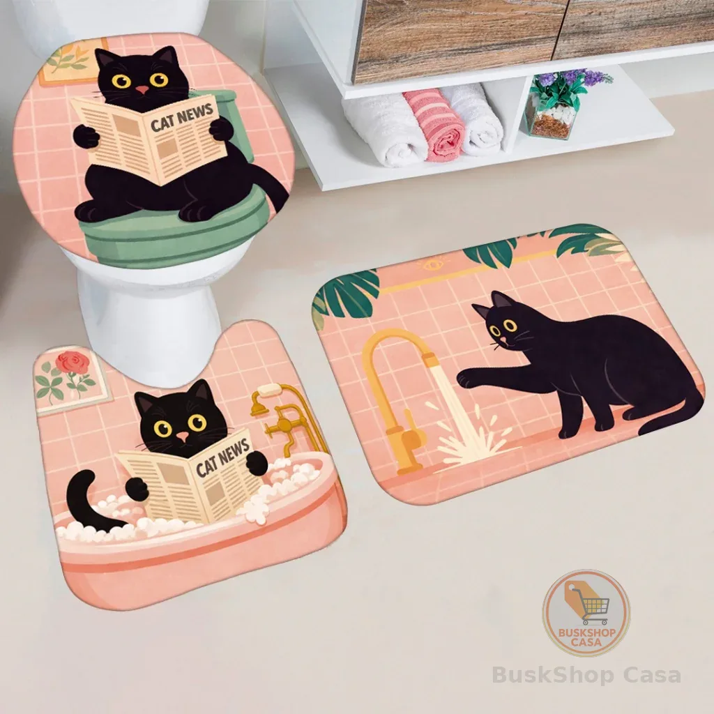 kit jogo Tapete Banheiro Estampa Gato Preto Vintage Rosê Antiderrapante 3 peças