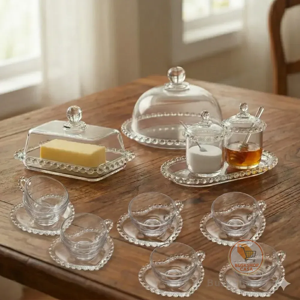 Kit 3 A 17 Peças P/ Mesa Posta Chá E Café Em Cristal Borda Coração 17 Pçs Travessa Meleira Açucareiro Queijeira Manteigueira E 4 Xícaras 170ml E 4 Pires Coração
