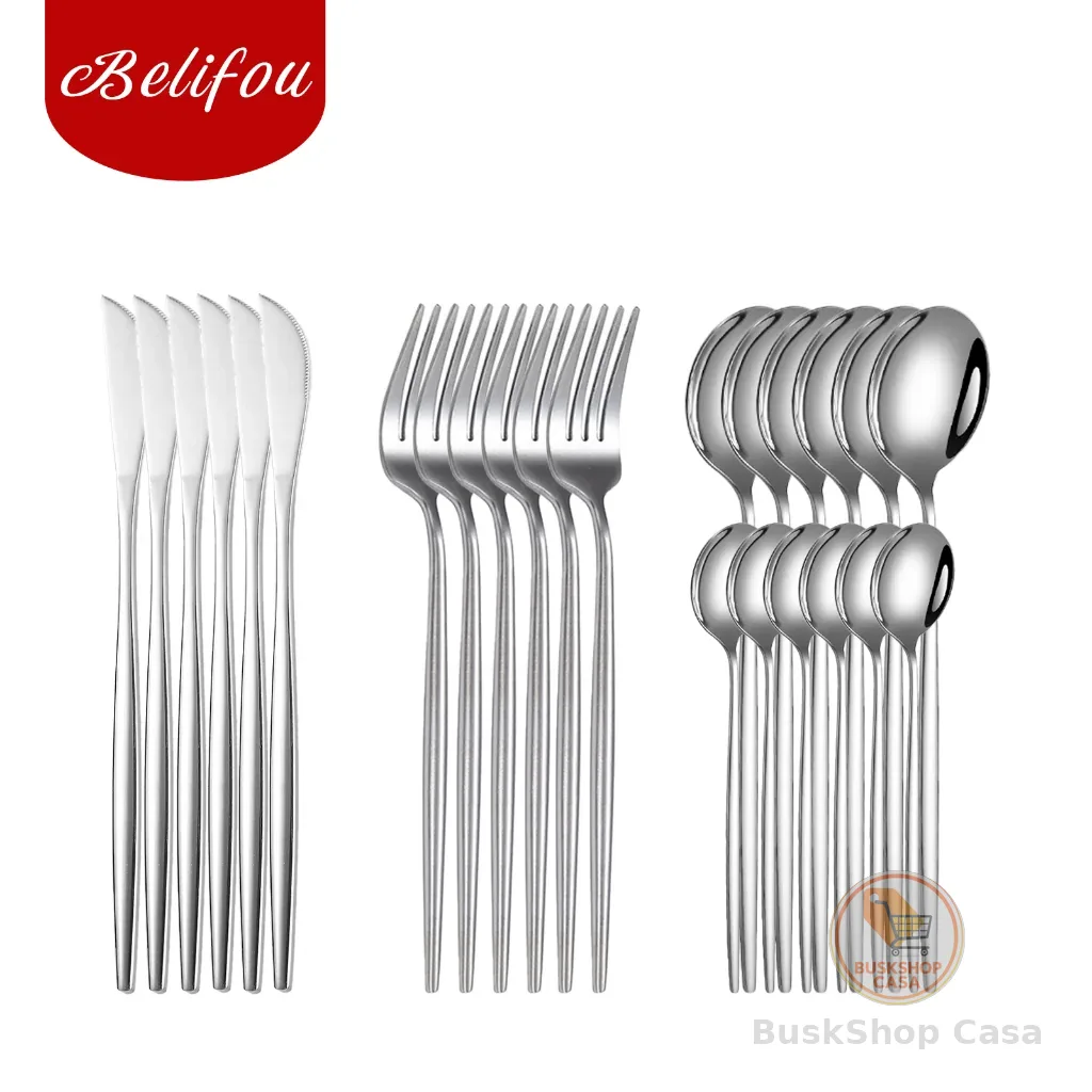 Belifou Kit 24 Jogo De Talheres Aço Inoxidável Prata Louça Dourada